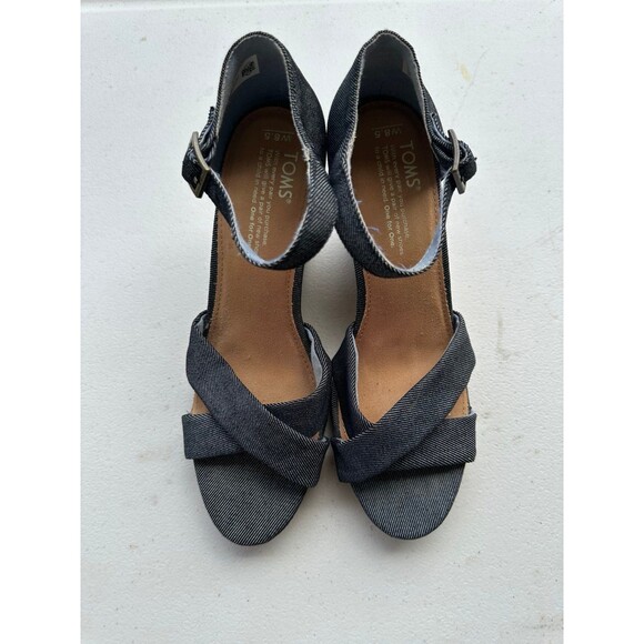 TOMS Women's Black Denim Sienna Cork Wedges Open Toe Criss Cross Sandals 8.5 - Picture 1 of 7